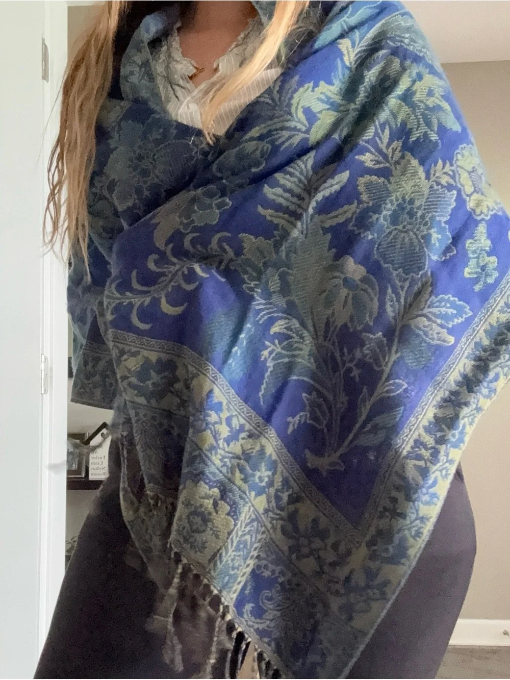 Blue Green Shawl Wrap Scarf Fringe Paisley Jacquard Pashmina Hijab